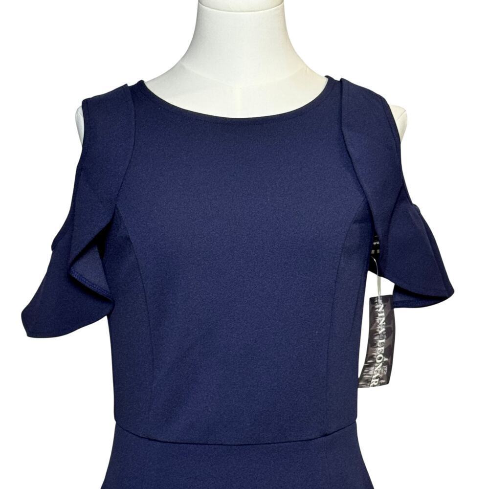 Nina Leonard Navy Cold Shoulder Dress Flutter Sleeve Sheath Career Cocktail Med - Picture 6 of 7